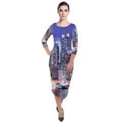 New-york Cityscape  Quarter Sleeve Midi Velour Bodycon Dress by Dushan