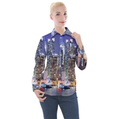 New-york Cityscape  Women s Long Sleeve Pocket Shirt