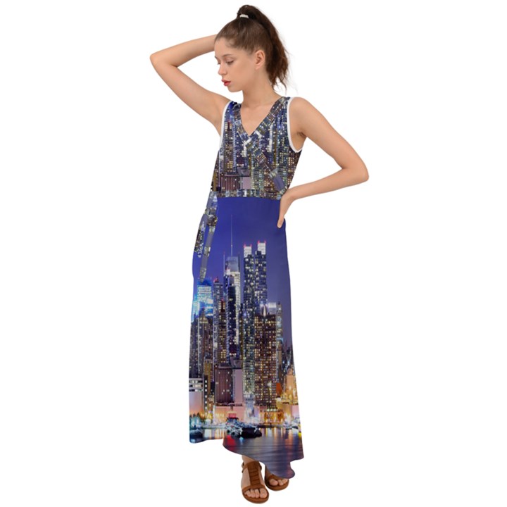 New-York CityScape  V-Neck Chiffon Maxi Dress