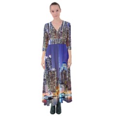 New-york Cityscape  Button Up Maxi Dress by Dushan