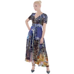 New-york Cityscape  Button Up Short Sleeve Maxi Dress by Dushan