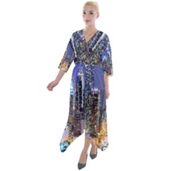 New-york Cityscape  Quarter Sleeve Wrap Front Maxi Dress by Dushan