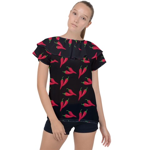 Red, Hot Jalapeno Peppers, Chilli Pepper Pattern At Black, Spicy Ruffle Collar Chiffon Blouse by Casemiro