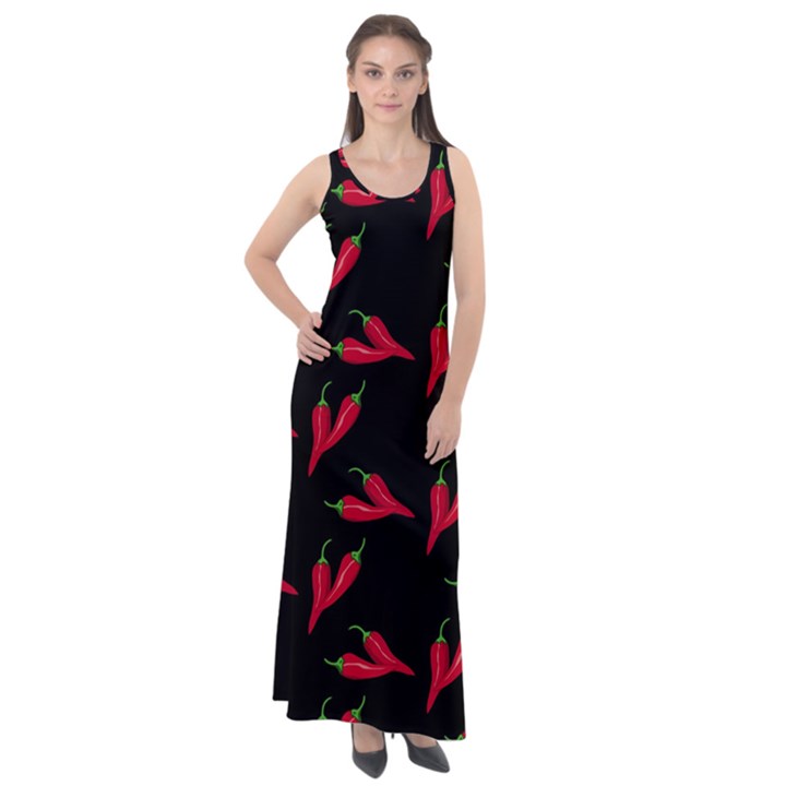 Red, hot jalapeno peppers, chilli pepper pattern at black, spicy Sleeveless Velour Maxi Dress