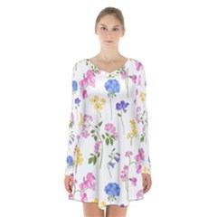 Botanical Flowers Long Sleeve Velvet V-neck Dress