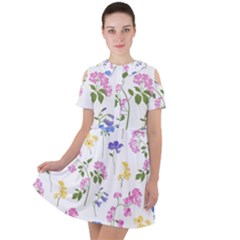 Botanical Flowers Short Sleeve Shoulder Cut Out Dress 