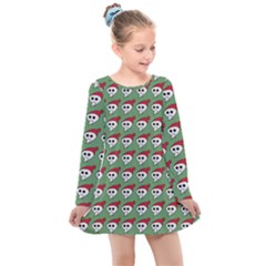 Comic Head Skull - Hat Red - Cartoon Skull Kids  Long Sleeve Dress by DinzDas