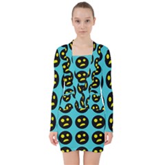 005 - Ugly Smiley With Horror Face - Scary Smiley V-neck Bodycon Long Sleeve Dress by DinzDas