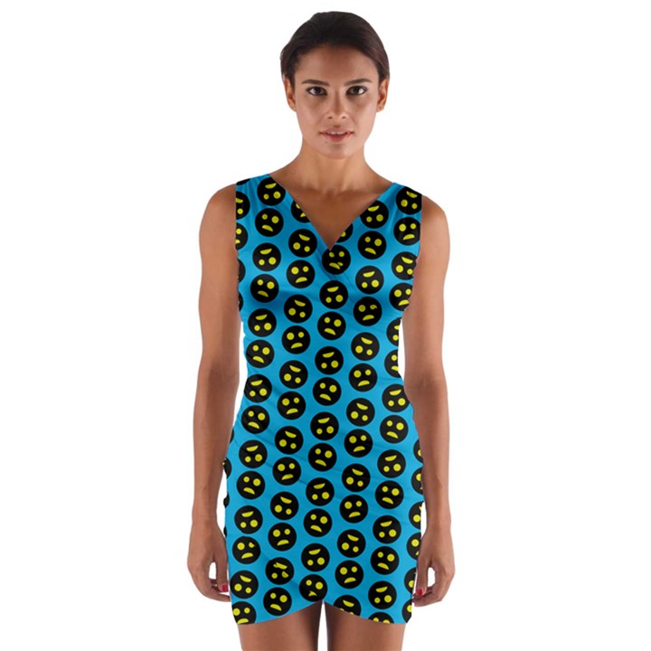 0059 Comic Head Bothered Smiley Pattern Wrap Front Bodycon Dress