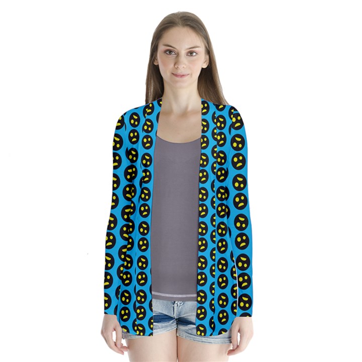 0059 Comic Head Bothered Smiley Pattern Drape Collar Cardigan