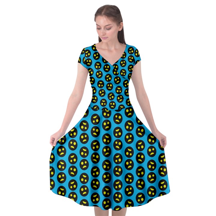 0059 Comic Head Bothered Smiley Pattern Cap Sleeve Wrap Front Dress