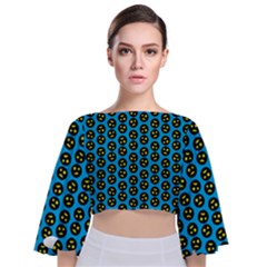 0059 Comic Head Bothered Smiley Pattern Tie Back Butterfly Sleeve Chiffon Top by DinzDas