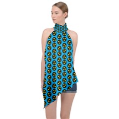 0059 Comic Head Bothered Smiley Pattern Halter Asymmetric Satin Top by DinzDas