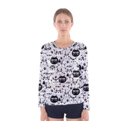 Cute Cat Faces Pattern Women s Long Sleeve Tee