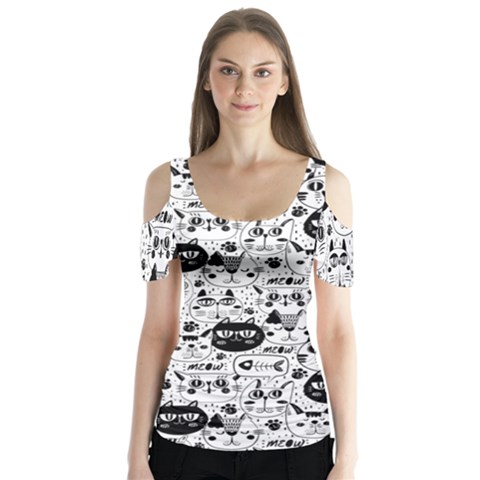 Cute Cat Faces Pattern Butterfly Sleeve Cutout Tee  by TastefulDesigns