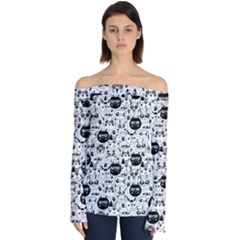 Cute Cat Faces Pattern Off Shoulder Long Sleeve Top by TastefulDesigns