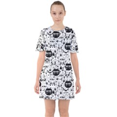 Cute Cat Faces Pattern Sixties Short Sleeve Mini Dress by TastefulDesigns