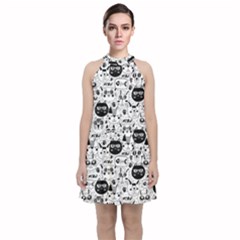 Cute Cat Faces Pattern Velvet Halter Neckline Dress 