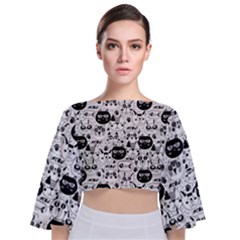 Cute Cat Faces Pattern Tie Back Butterfly Sleeve Chiffon Top by TastefulDesigns