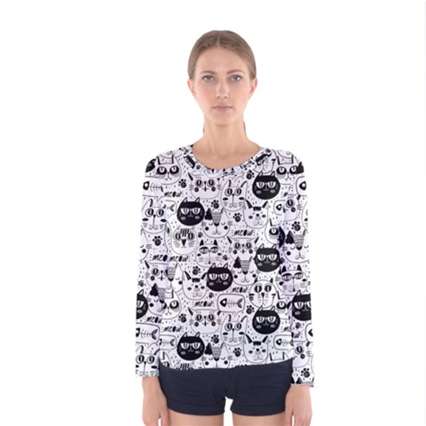 Cute Cat Faces Pattern Women s Long Sleeve Tee by TastefulDesigns