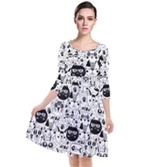 Cute Cat Faces Pattern Quarter Sleeve Waist Band Dress by TastefulDesigns