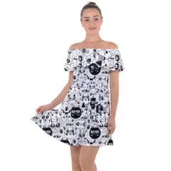 Cute Cat Faces Pattern Off Shoulder Velour Dress by TastefulDesigns