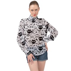 Cute Cat Faces Pattern High Neck Long Sleeve Chiffon Top by TastefulDesigns