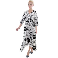 Cute Cat Faces Pattern Quarter Sleeve Wrap Front Maxi Dress by TastefulDesigns