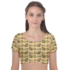 Inka Cultur Animal - Animals And Occult Religion Velvet Short Sleeve Crop Top  by DinzDas