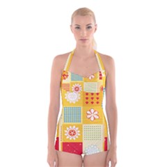 Abstract Flowers And Circle Boyleg Halter Swimsuit  by DinzDas