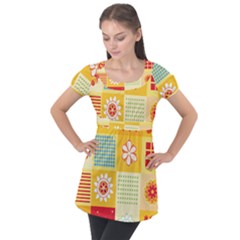 Abstract Flowers And Circle Puff Sleeve Tunic Top by DinzDas