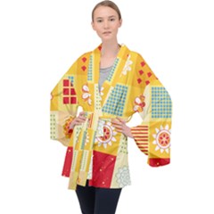 Abstract Flowers And Circle Long Sleeve Velvet Kimono  by DinzDas