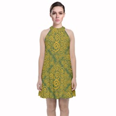 Abstract Flowers And Circle Velvet Halter Neckline Dress  by DinzDas