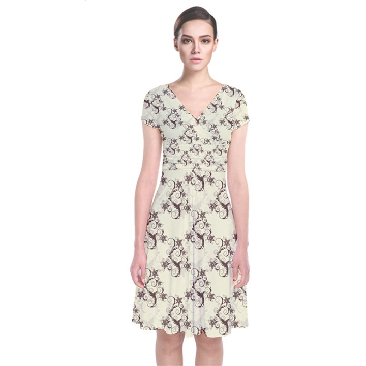 Abstract Flowers And Circle Short Sleeve Front Wrap Dress