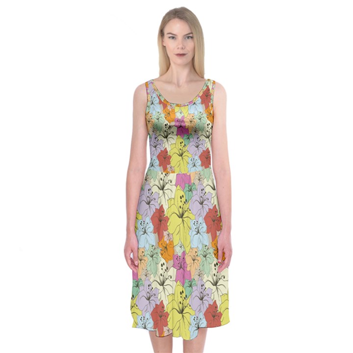 Abstract Flowers And Circle Midi Sleeveless Dress