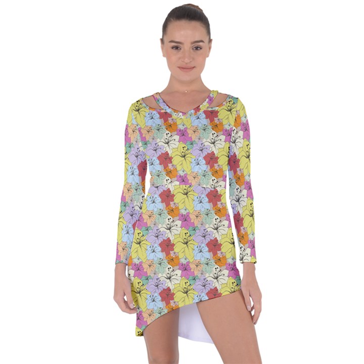 Abstract Flowers And Circle Asymmetric Cut-Out Shift Dress