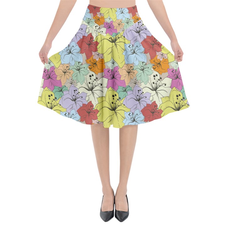 Abstract Flowers And Circle Flared Midi Skirt