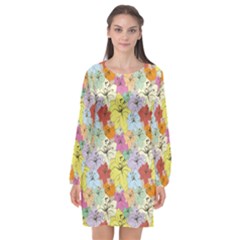 Abstract Flowers And Circle Long Sleeve Chiffon Shift Dress  by DinzDas