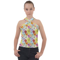 Abstract Flowers And Circle Cross Neck Velour Top by DinzDas