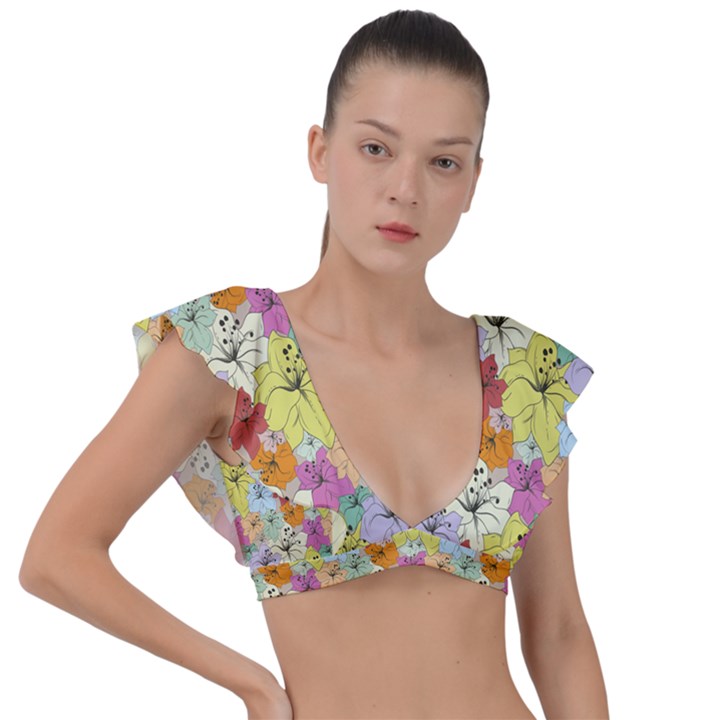 Abstract Flowers And Circle Plunge Frill Sleeve Bikini Top