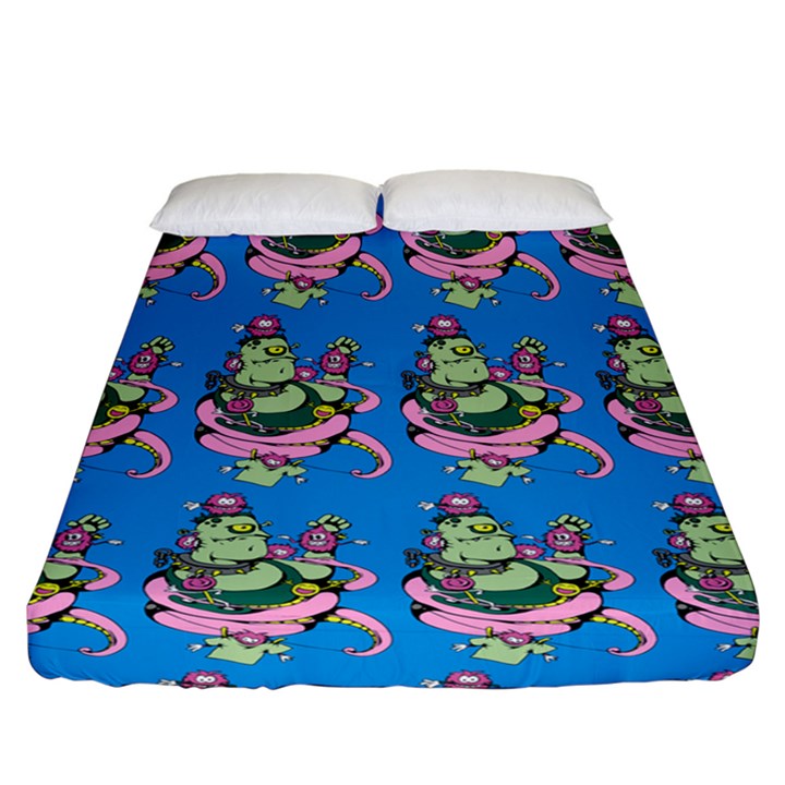 Monster And Cute Monsters Fight With Snake And Cyclops Fitted Sheet (California King Size)