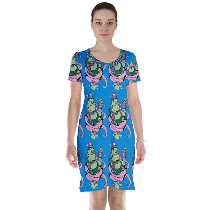 Monster And Cute Monsters Fight With Snake And Cyclops Short Sleeve Nightdress