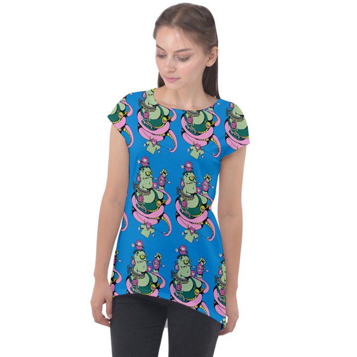 Monster And Cute Monsters Fight With Snake And Cyclops Cap Sleeve High Low Top