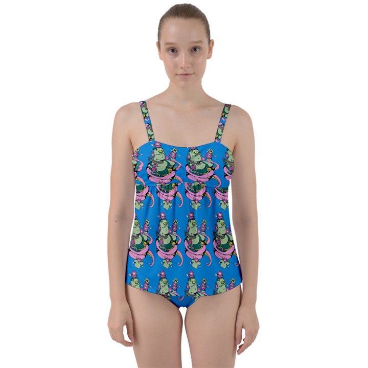 Monster And Cute Monsters Fight With Snake And Cyclops Twist Front Tankini Set