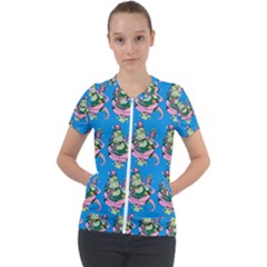 Monster And Cute Monsters Fight With Snake And Cyclops Short Sleeve Zip Up Jacket by DinzDas