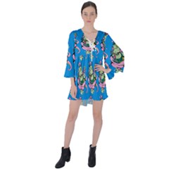 Monster And Cute Monsters Fight With Snake And Cyclops V-neck Flare Sleeve Mini Dress by DinzDas