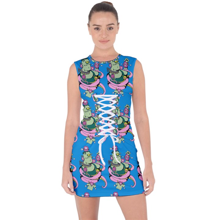 Monster And Cute Monsters Fight With Snake And Cyclops Lace Up Front Bodycon Dress