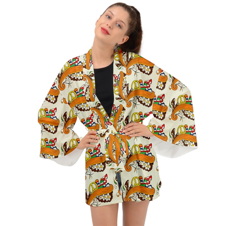 Love And Flowers And Peace Fo All Hippies Long Sleeve Kimono