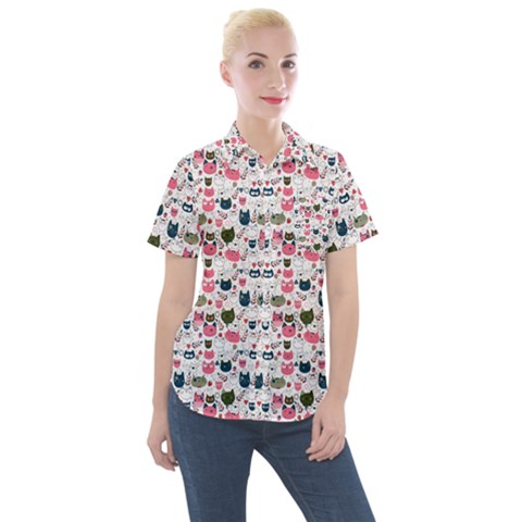 Adorable Seamless Cat Head Pattern01 Women s Short Sleeve Pocket Shirt by TastefulDesigns