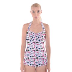 Adorable Seamless Cat Head Pattern01 Boyleg Halter Swimsuit  by TastefulDesigns